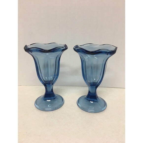Cobalt Blue Tulip Shape Vintage 2  Ice Cream Sundae Glasses 6" H - Picture 1 of 4